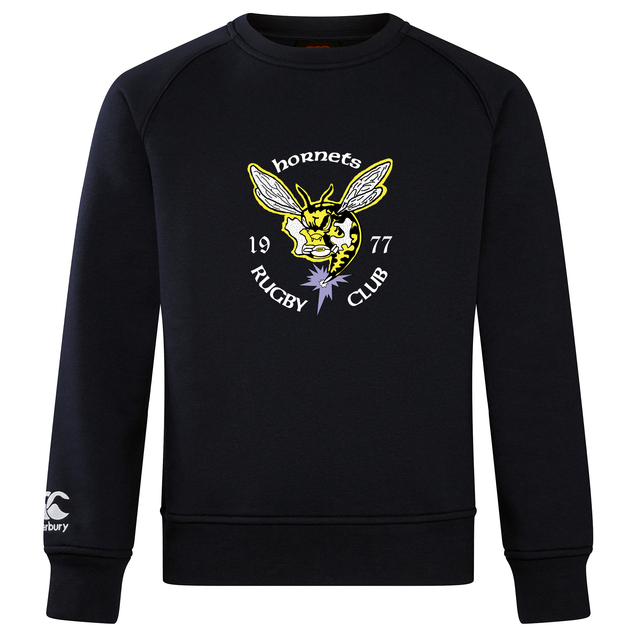 The Hornets Rugby Club 1977 Club Crew Sweatshirt by Canterbury, from WRS Canterbury, is a black crew sweatshirt featuring a yellow hornet graphic and "hornets 1977 RUGBY CLUB" text on the front, along with an embroidered CCC logo on the left sleeve. Designed as an ultra soft sweatshirt for everyday comfort.