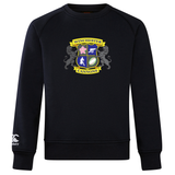 The Winchester Cannons Club Crew Sweatshirt by WRS Canterbury is a navy blue ultra-soft sweatshirt with a multicolored crest on the front and an embroidered CCC logo on the left sleeve, combining comfort and style.