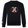 A black Potomac Exiles Rugby Club Club Crew Sweatshirt by Canterbury, from WRS Canterbury, featuring a large embroidered "K" logo on the chest adorned with Maryland and Washington, D.C. flag motifs, a red laurel wreath, "2014," and a small Canterbury logo on the left sleeve. This ultra-soft sweatshirt seamlessly blends distinctive regional pride with premium comfort in every detail.