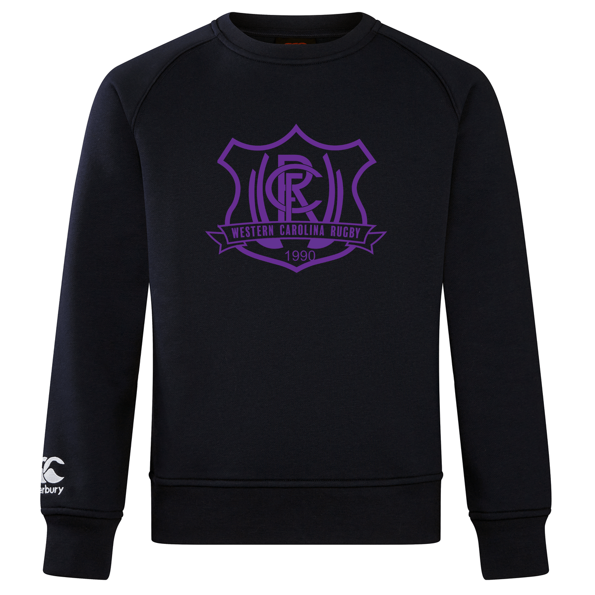 Ultra soft navy blue Western Carolina University Club Crew Sweatshirt by Canterbury featuring a purple Western Carolina Rugby emblem on the chest and a white logo on the right sleeve.