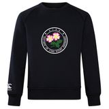The Society of Iowa Rugby Referees Club Crew Sweatshirt by Canterbury, from WRS Canterbury, features a black design with a circular “Society of Iowa Rugby Referees” logo adorned with pink flowers on the chest and an embroidered white CCC logo on the left sleeve. This ultra-soft sweatshirt blends comfort and style, making it a standout choice for any rugby supporter.