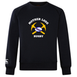 Ultra soft black Mother Lode Club Crew Sweatshirt by Canterbury featuring an embroidered CCC logo and a graphic of two crossed gold pickaxes behind a rugby ball with the text “MOTHER LODE RUGBY.”