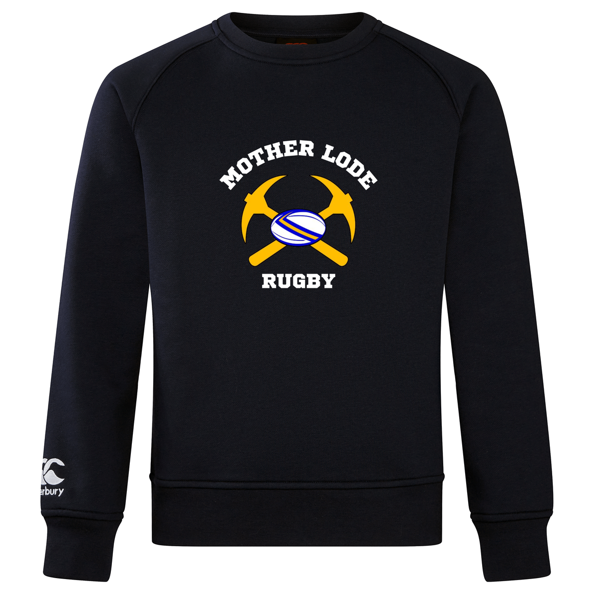 Ultra soft black Mother Lode Club Crew Sweatshirt by Canterbury featuring an embroidered CCC logo and a graphic of two crossed gold pickaxes behind a rugby ball with the text “MOTHER LODE RUGBY.”