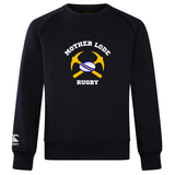 Ultra soft black Mother Lode Club Crew Sweatshirt by Canterbury featuring an embroidered CCC logo and a graphic of two crossed gold pickaxes behind a rugby ball with the text “MOTHER LODE RUGBY.”