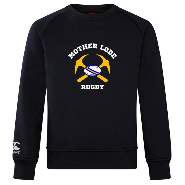 Ultra soft black Mother Lode Club Crew Sweatshirt by Canterbury featuring an embroidered CCC logo and a graphic of two crossed gold pickaxes behind a rugby ball with the text “MOTHER LODE RUGBY.”