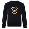 Ultra soft black Mother Lode Club Crew Sweatshirt by Canterbury featuring an embroidered CCC logo and a graphic of two crossed gold pickaxes behind a rugby ball with the text “MOTHER LODE RUGBY.”