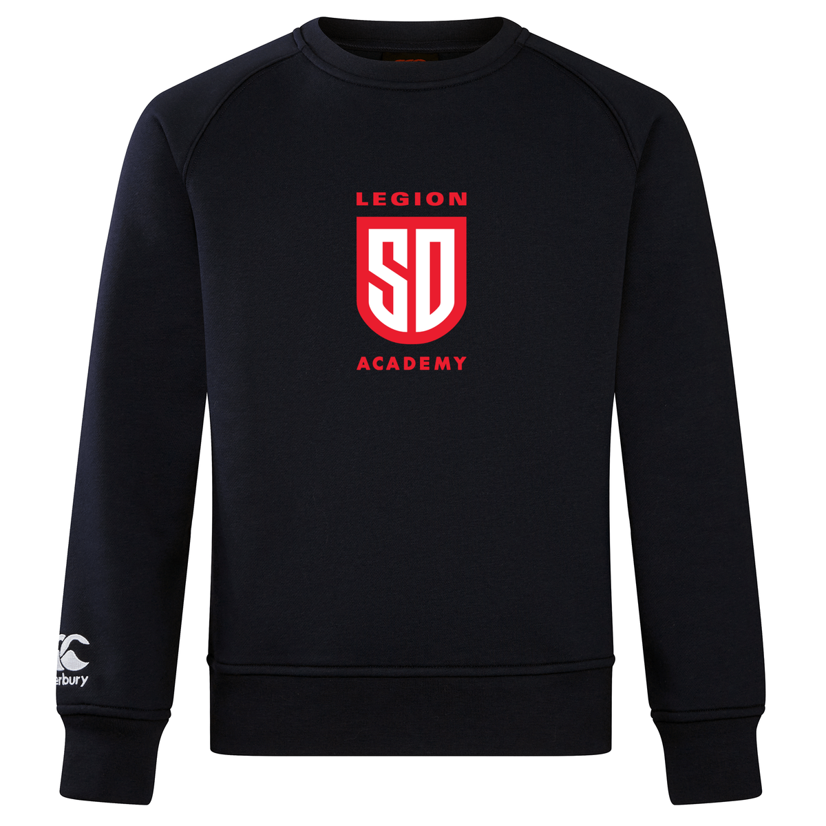 Navy blue Legion Academy Club Crew Sweatshirt by Canterbury featuring a red shield logo with “LEGION SD ACADEMY” on the chest and an embroidered CCC logo on the right cuff.