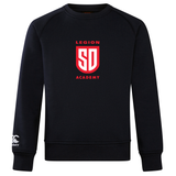 Navy blue Legion Academy Club Crew Sweatshirt by Canterbury featuring a red shield logo with “LEGION SD ACADEMY” on the chest and an embroidered CCC logo on the right cuff.
