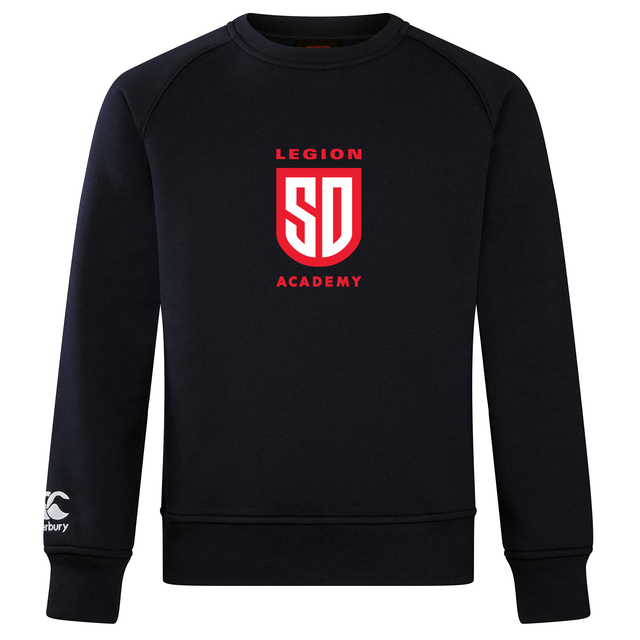Navy blue Legion Academy Club Crew Sweatshirt by Canterbury featuring a red shield logo with “LEGION SD ACADEMY” on the chest and an embroidered CCC logo on the right cuff.