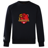The Godzilla Rugby Football Club Club Crew Sweatshirt by Canterbury from WRS Canterbury is an ultra-soft black sweatshirt styled in the classic Canterbury Club Crew design, featuring a red and yellow Godzilla Rugby Football Club logo on the chest and an embroidered CCC logo on the left sleeve.