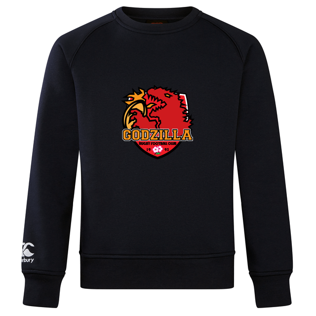 The Godzilla Rugby Football Club Club Crew Sweatshirt by Canterbury from WRS Canterbury is an ultra-soft black sweatshirt styled in the classic Canterbury Club Crew design, featuring a red and yellow Godzilla Rugby Football Club logo on the chest and an embroidered CCC logo on the left sleeve.