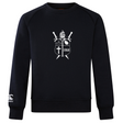 Ultra soft navy blue Cal Lutheran University Club Crew Sweatshirt by Canterbury featuring a white chest graphic with a helmet, crossed swords, a cross, and the year 1968.