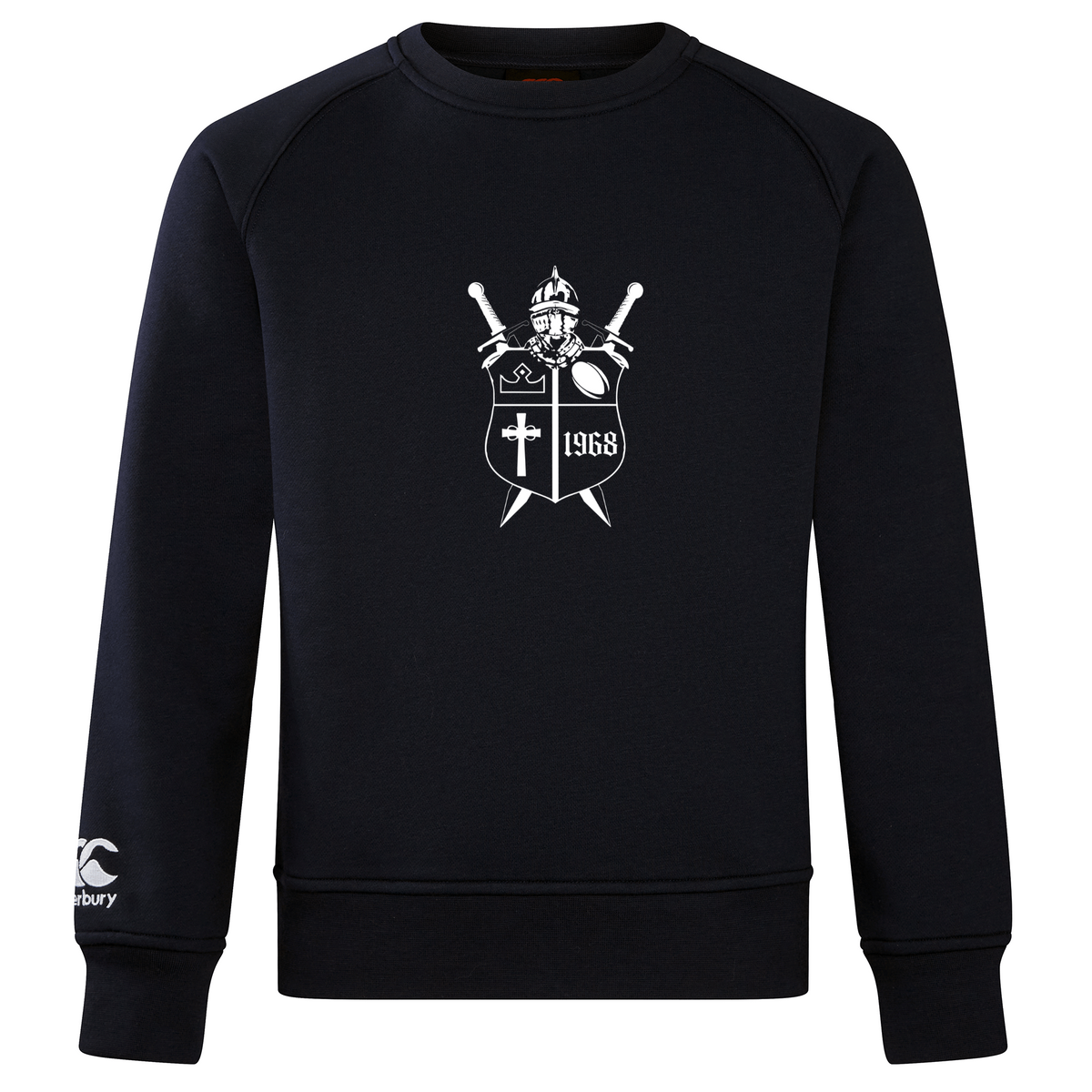 Ultra soft navy blue Cal Lutheran University Club Crew Sweatshirt by Canterbury featuring a white chest graphic with a helmet, crossed swords, a cross, and the year 1968.