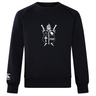 Ultra soft navy blue Cal Lutheran University Club Crew Sweatshirt by Canterbury featuring a white chest graphic with a helmet, crossed swords, a cross, and the year 1968.