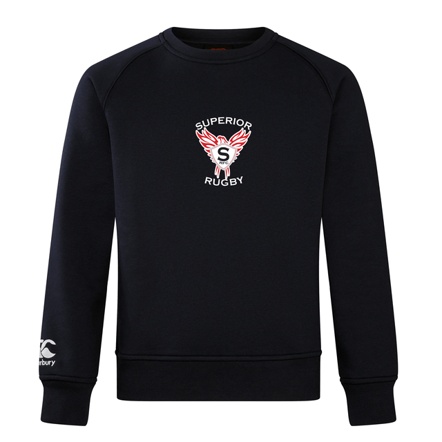 The Superior Rugby Club Club Crew Sweatshirt by WRS Canterbury is a black crew with "Superior Rugby" and a winged "S" on the chest, ultra-soft fabric, and an embroidered CCC logo on the left sleeve.