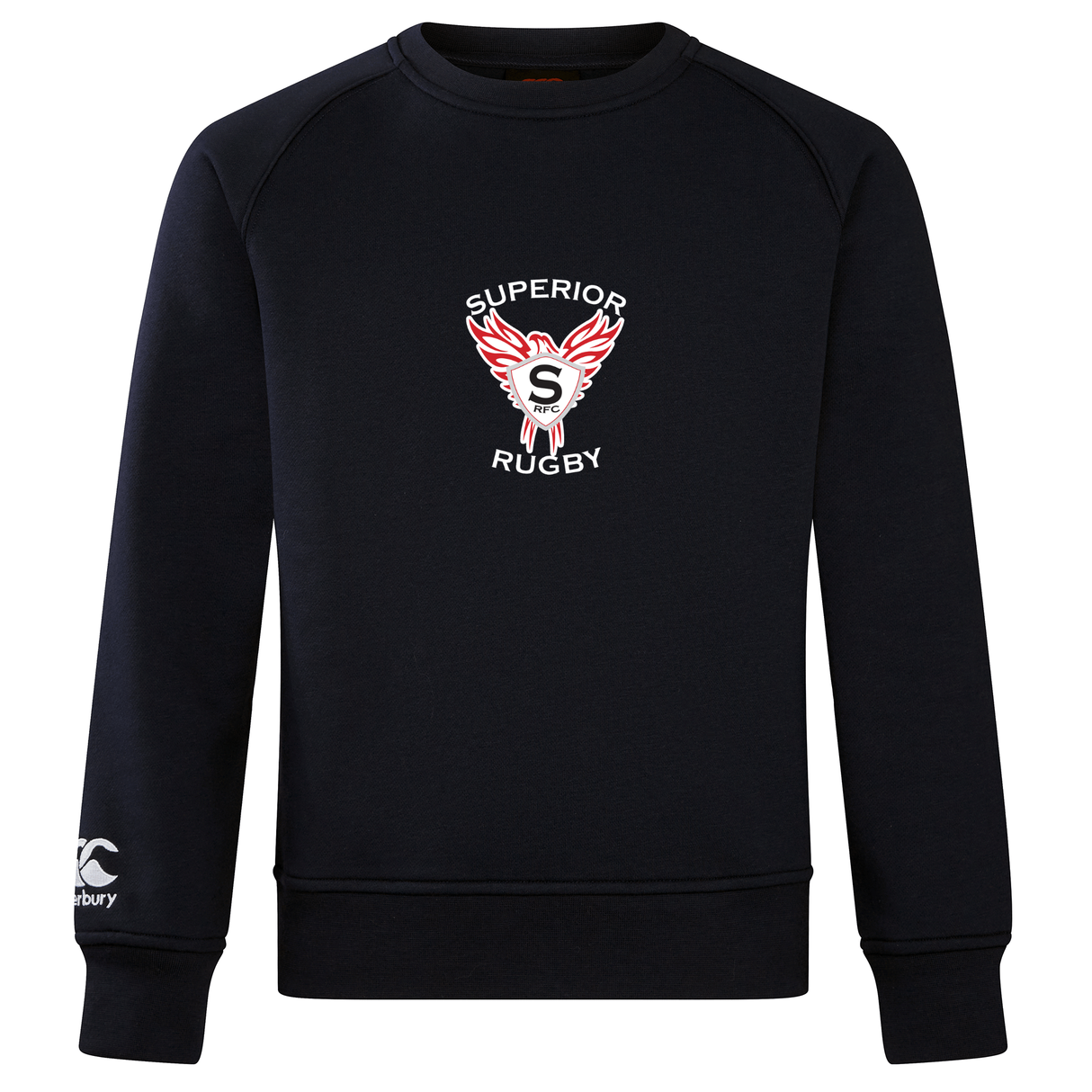The Superior Rugby Club Crew Sweatshirt by WRS Canterbury is a black ultra-soft sweatshirt featuring "Superior Rugby" with a winged "S" on the chest and a small embroidered Canterbury logo on the sleeve, blending classic style and premium comfort.
