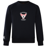 The Superior Rugby Club Crew Sweatshirt by WRS Canterbury is a black ultra-soft sweatshirt featuring "Superior Rugby" with a winged "S" on the chest and a small embroidered Canterbury logo on the sleeve, blending classic style and premium comfort.