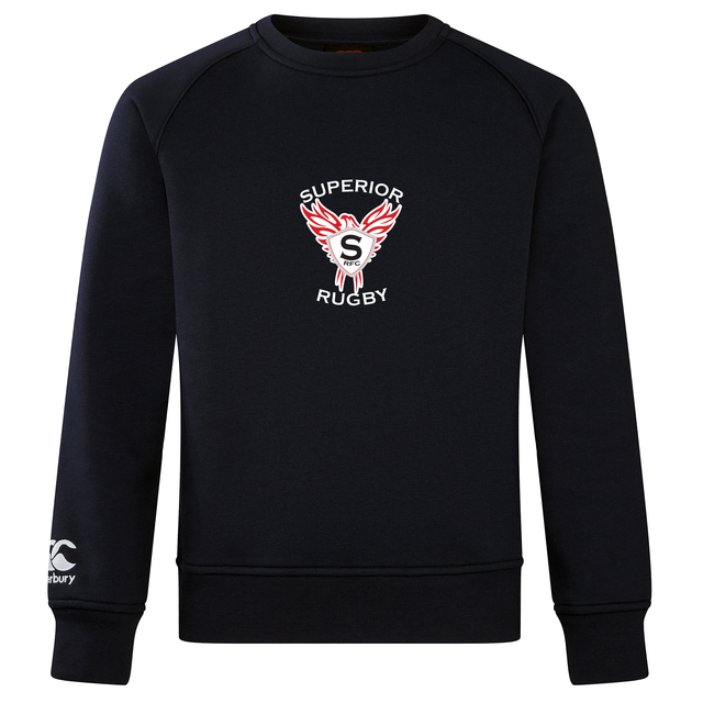 The Superior Rugby Club Crew Sweatshirt by WRS Canterbury is a black ultra-soft sweatshirt featuring "Superior Rugby" with a winged "S" on the chest and a small embroidered Canterbury logo on the sleeve, blending classic style and premium comfort.