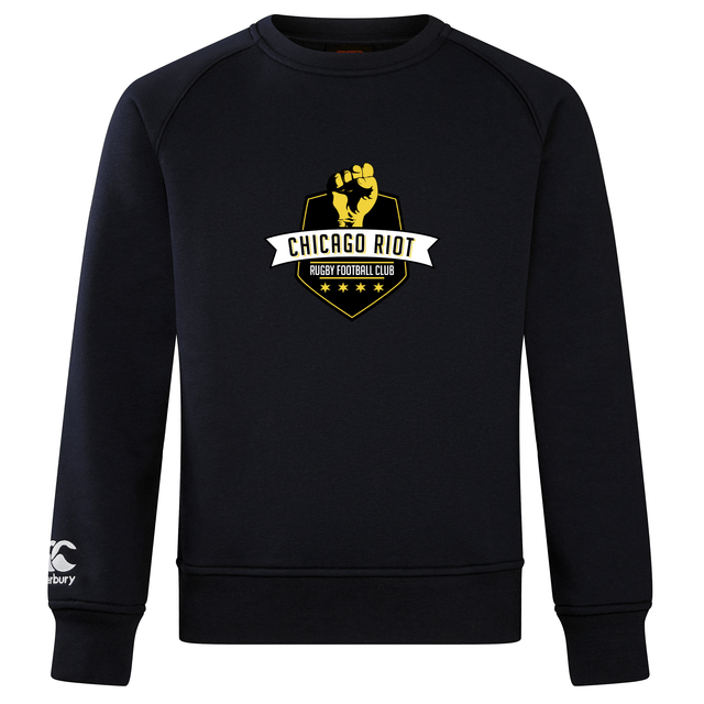 The Chicago Riot Club Crew Sweatshirt by WRS Canterbury is a black ultra-soft sweatshirt with the "Chicago Riot Rugby Football Club" fist and stars logo on the front and a small embroidered Canterbury logo on the left sleeve.
