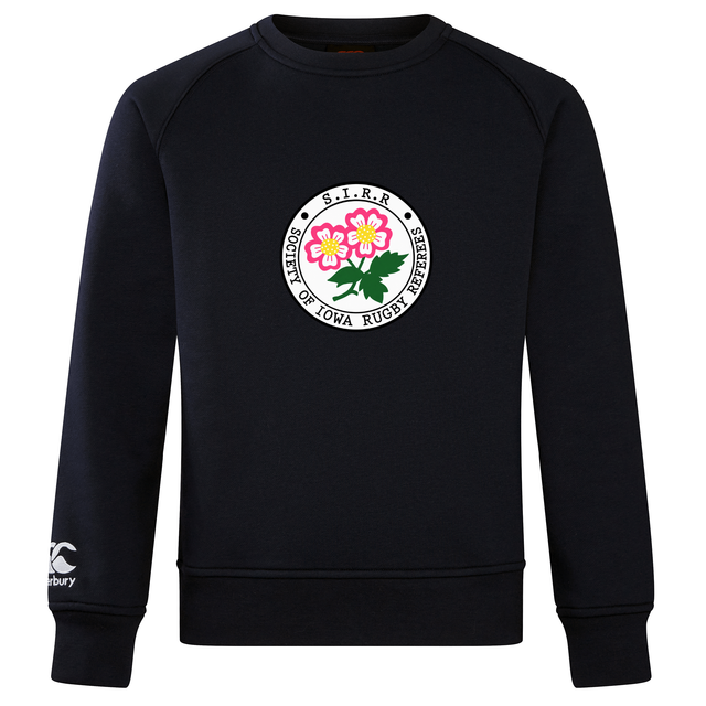 Stay cozy in the Society of Iowa Rugby Referees Club Crew Sweatshirt by Canterbury—a black ultra-soft sweatshirt from WRS Canterbury, featuring the Society of Iowa Rugby Referees logo with pink flowers on the chest and an embroidered CCC logo on the left sleeve, ideal for any Canterbury fan.