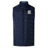 The 901 Rugby Women's Elite Microlite Gilet by Canterbury, brought to you by EMB Canterbury, is a navy blue padded vest with a subtle logo on the left chest. It includes insulated baffles and Thermoreg technology for superior warmth, while its front zipper and high collar enhance both style and practicality.
