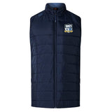 Introducing the 901 Rugby Women's Elite Microlite Gilet by EMB Canterbury, a navy blue quilted vest equipped with Thermoreg technology. This stylish gilet features a high collar and front zipper, designed with insulated baffles and proudly showcasing the EMB Canterbury logo on the upper left chest.