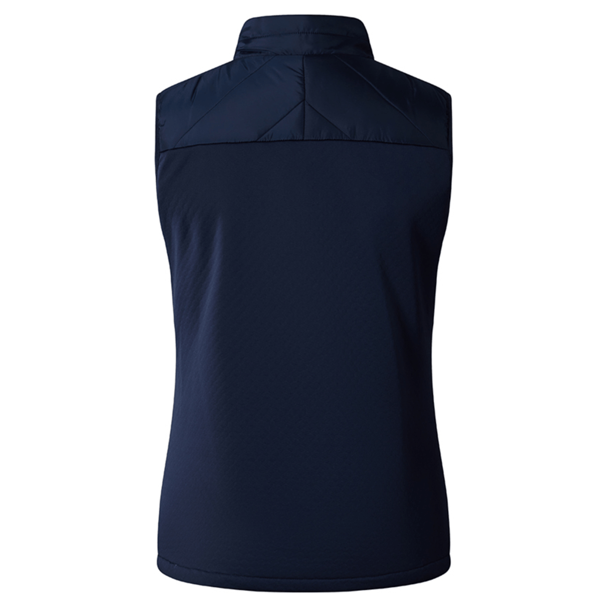 The Women's Canterbury Elite Microlite Gilet is shown in navy blue from the back, with quilted detailing and a stand-up collar. This sleeveless vest features insulated baffles for optimal Thermoreg performance.