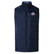 The Capital Selects Women's Elite Microlite Gilet by Canterbury from EMB Canterbury is a navy blue gilet designed with insulated baffles and a high collar. It features a front zipper and a star-shaped logo on the left chest for added style.
