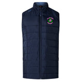 The Clover Girls Rugby Women's Elite Microlite Gilet by EMB Canterbury, in navy blue, showcases a "Clovers Rugby" logo and a green clover emblem on the chest, designed with insulated baffles for added warmth.