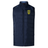 A navy blue sleeveless puffer vest featuring a high collar and a yellow emblem with a black horse on the left chest. The Gotham Knights Elite Microlite Gilet by EMB Canterbury has insulated baffles and a front zipper closure for extra warmth.