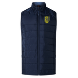 A navy blue sleeveless puffer vest featuring a high collar and a yellow emblem with a black horse on the left chest. The Gotham Knights Elite Microlite Gilet by EMB Canterbury has insulated baffles and a front zipper closure for extra warmth.
