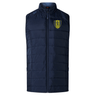 A navy blue sleeveless puffer vest featuring a high collar and a yellow emblem with a black horse on the left chest. The Gotham Knights Elite Microlite Gilet by EMB Canterbury has insulated baffles and a front zipper closure for extra warmth.