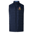 Navy blue Bullard Rugby Elite Microlite Gilet by EMB Canterbury, featuring insulated baffles and a crest with a lion and shield on the upper left side.