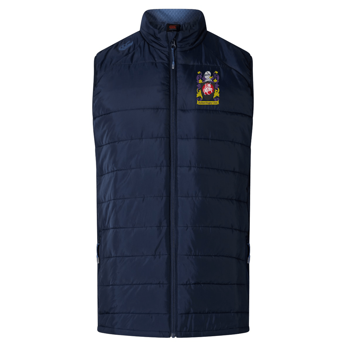 Navy blue Bullard Rugby Elite Microlite Gilet by EMB Canterbury, featuring insulated baffles and a crest with a lion and shield on the upper left side.
