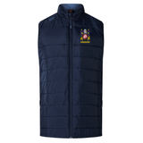 Navy blue Bullard Rugby Elite Microlite Gilet by EMB Canterbury, featuring insulated baffles and a crest with a lion and shield on the upper left side.