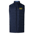 This Trinity College Women's Elite Microlite Gilet by Canterbury in navy blue features insulated baffles and a full front zipper. "TRINITY RUGBY" is printed in yellow on the left chest, adding a vibrant touch to this sleeveless, padded vest.