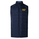 This Trinity College Women's Elite Microlite Gilet by Canterbury in navy blue features insulated baffles and a full front zipper. "TRINITY RUGBY" is printed in yellow on the left chest, adding a vibrant touch to this sleeveless, padded vest.