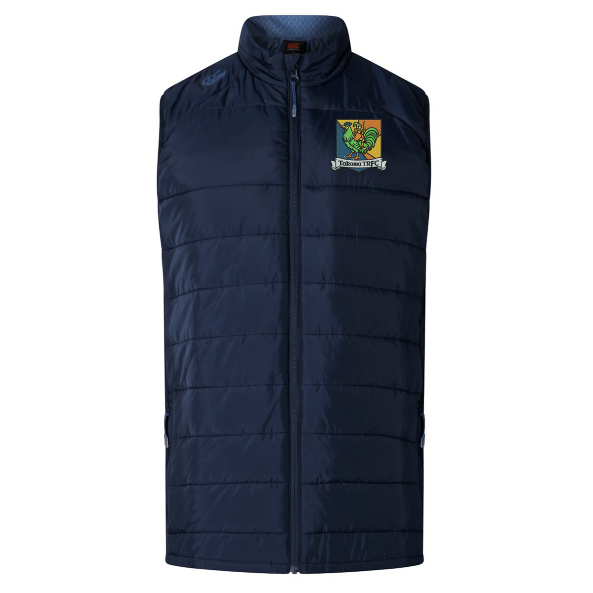 Navy blue Takoma Touch Rugby Elite Microlite Gilet by Canterbury with a full-length zipper and a Takoma TRFC rooster emblem on the chest.