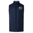 The Kingwood Rugby Elite Microlite Gilet by EMB Canterbury is a navy insulated vest with a zip front and multicolored embroidered crest on the chest, designed for lightweight warmth and versatile wear.