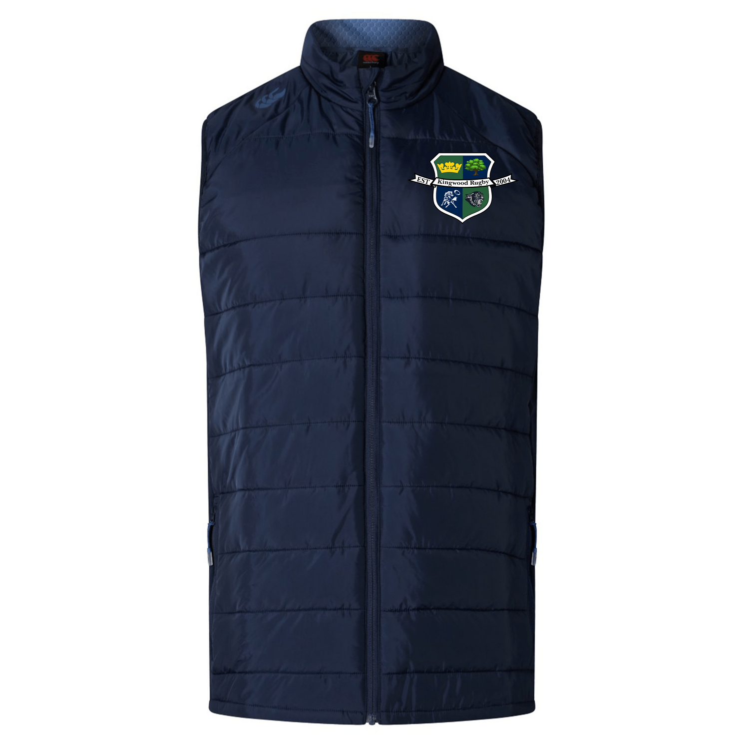 The Kingwood Rugby Elite Microlite Gilet by EMB Canterbury is a navy insulated vest with a zip front and multicolored embroidered crest on the chest, designed for lightweight warmth and versatile wear.
