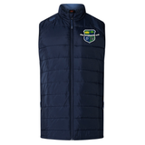 The Kingwood Rugby Elite Microlite Gilet by EMB Canterbury is a navy insulated vest with a zip front and multicolored embroidered crest on the chest, designed for lightweight warmth and versatile wear.