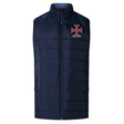 The EMB Canterbury SF CDME Rugby Elite Microlite Gilet is a navy blue sleeveless padded vest featuring a front zipper, a red and white cross emblem with the text "COMÉ RUGBY" on the left chest, and is inspired by the Canterbury Elite Microlite Gilet design to provide exceptional comfort and warmth.