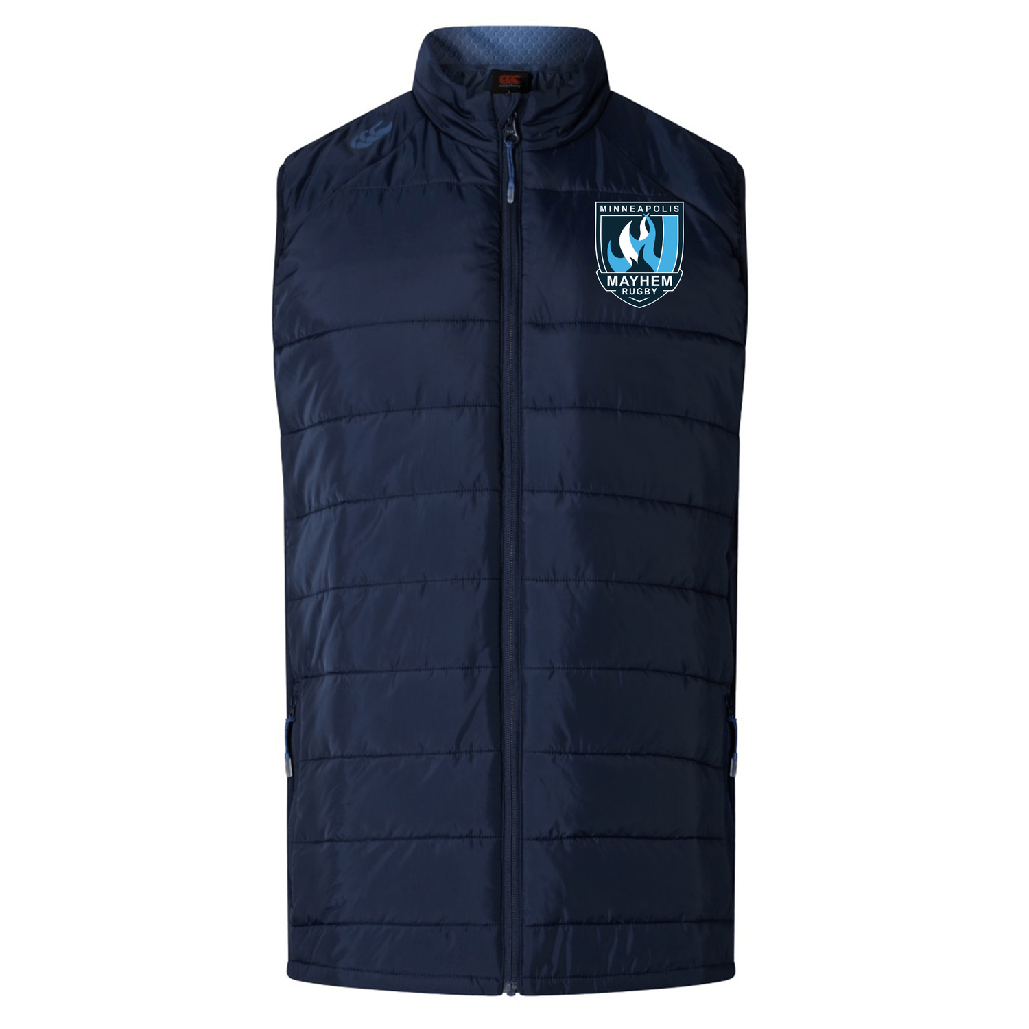 Minneapolis Mayhem Rugby Elite Microlite Gilet by EMB Canterbury in navy blue features a quilted, insulated design with a front zipper and the “Minnesota Mayhem Hockey” logo on the left chest. This lightweight padded gilet offers optimal comfort and is ideal for layering on cooler days.