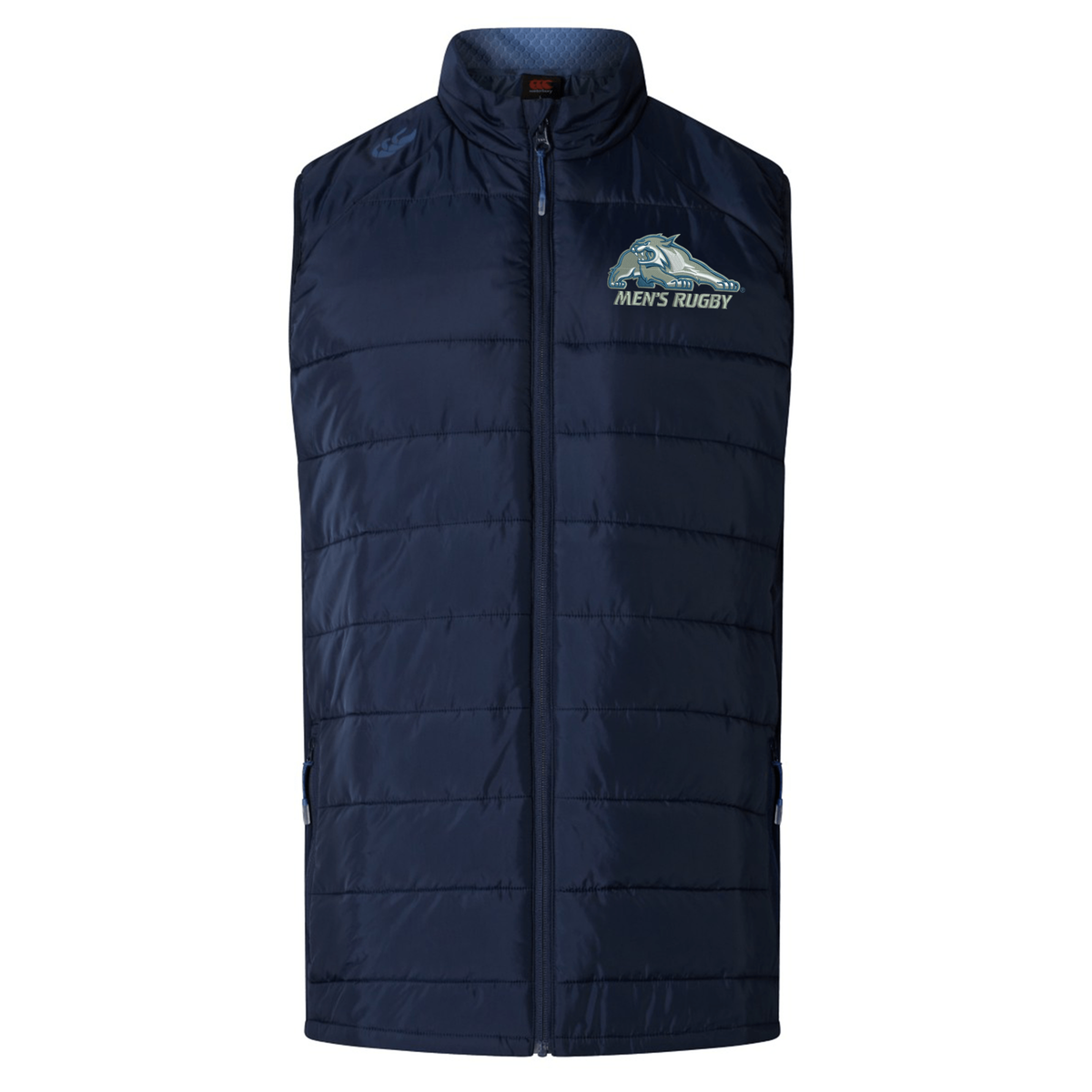 Navy blue University of New Hampshire Elite Microlite Gilet by Canterbury featuring a stand-up collar, front zipper, and a chest graphic with a wildcat logo and the text “MEN’S RUGBY.”