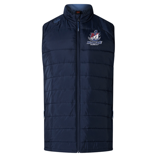 Navy blue SUNY Maritime Men’s Rugby Elite Microlite Gilet by Canterbury with a stand-up collar and a logo on the left chest.