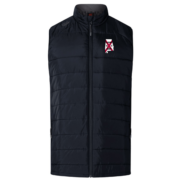 The University of Alabama Rugby Women's Elite Microlite Gilet by EMB Canterbury features a black quilted design with insulated baffles, a high collar, front zipper, and a small embroidered logo on the left chest.