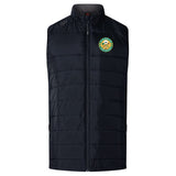 Black Elite Microlite Gilet by EMB Canterbury, part of the Blackthorn Barbarians collection, featuring a logo with crossed tennis rackets and green and yellow accents on the left chest.