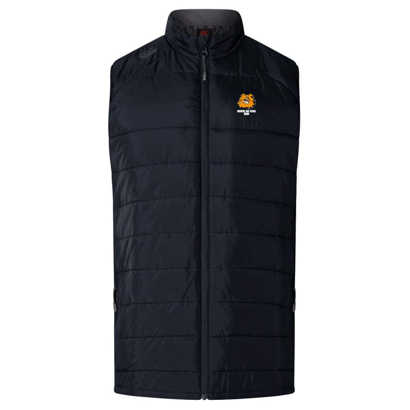 The Brighton High School Women's Elite Microlite Gilet by Canterbury, crafted in a sleek black design, features insulated baffles and is adorned with a tiger logo next to the "Rugby" text on the chest. This EMB Canterbury Thermoreg vest is set against a plain white background, highlighting its style and functionality seamlessly.