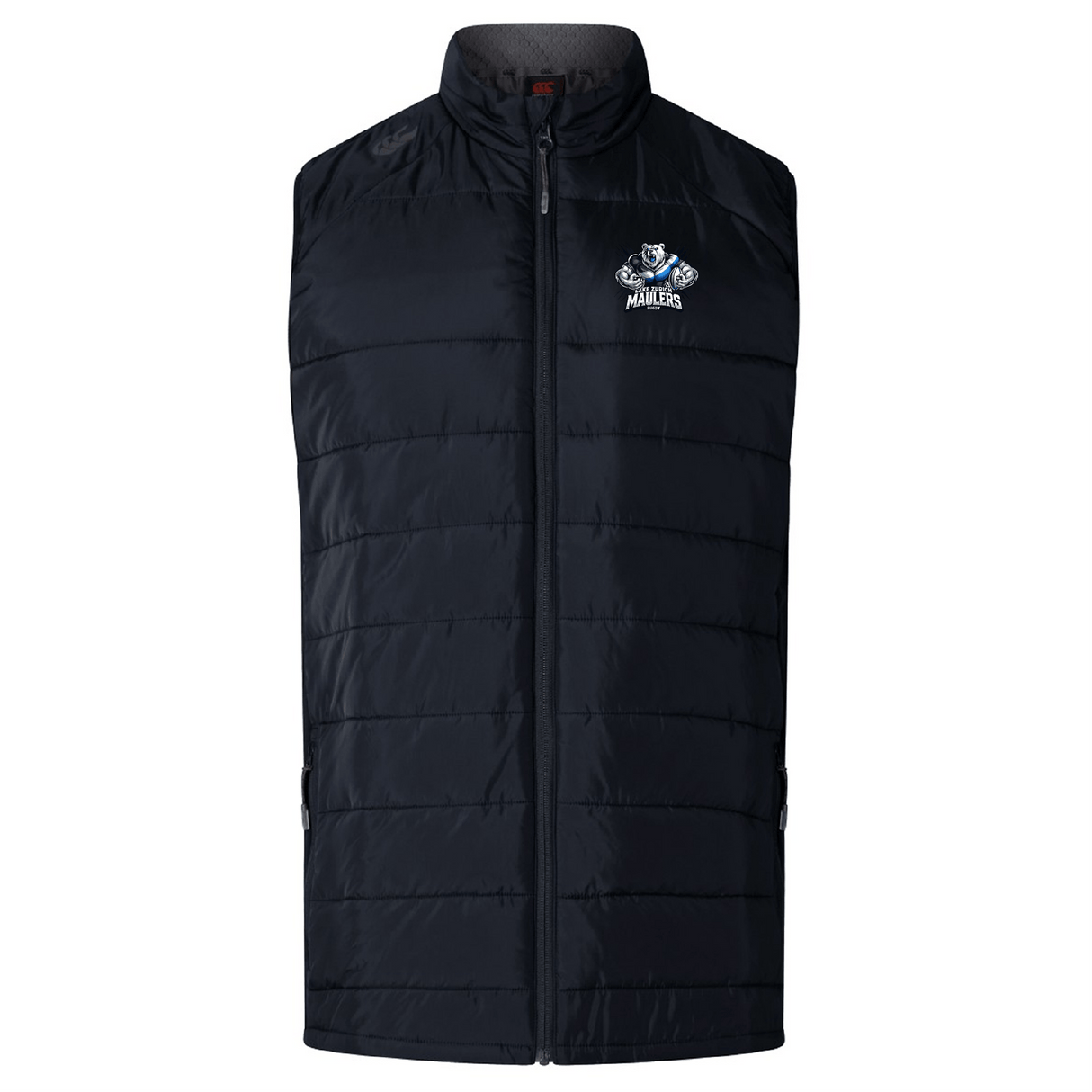The Lake Zurich Women's Elite Microlite Gilet by EMB Canterbury is a black padded vest designed with insulated baffles and a front zipper. A mascot logo adorned with "Maulers" decorates the left chest, combining style and warmth with its Thermoreg bonded fleece interior.