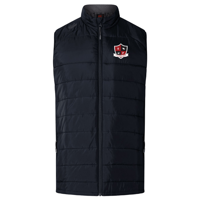The Southern Pines Youth Rugby Elite Microlite Gilet by EMB Canterbury is a sleeveless dark navy piece with insulated baffles, featuring a high collar and a shield emblem with "S" and "P" on the upper left side for women.